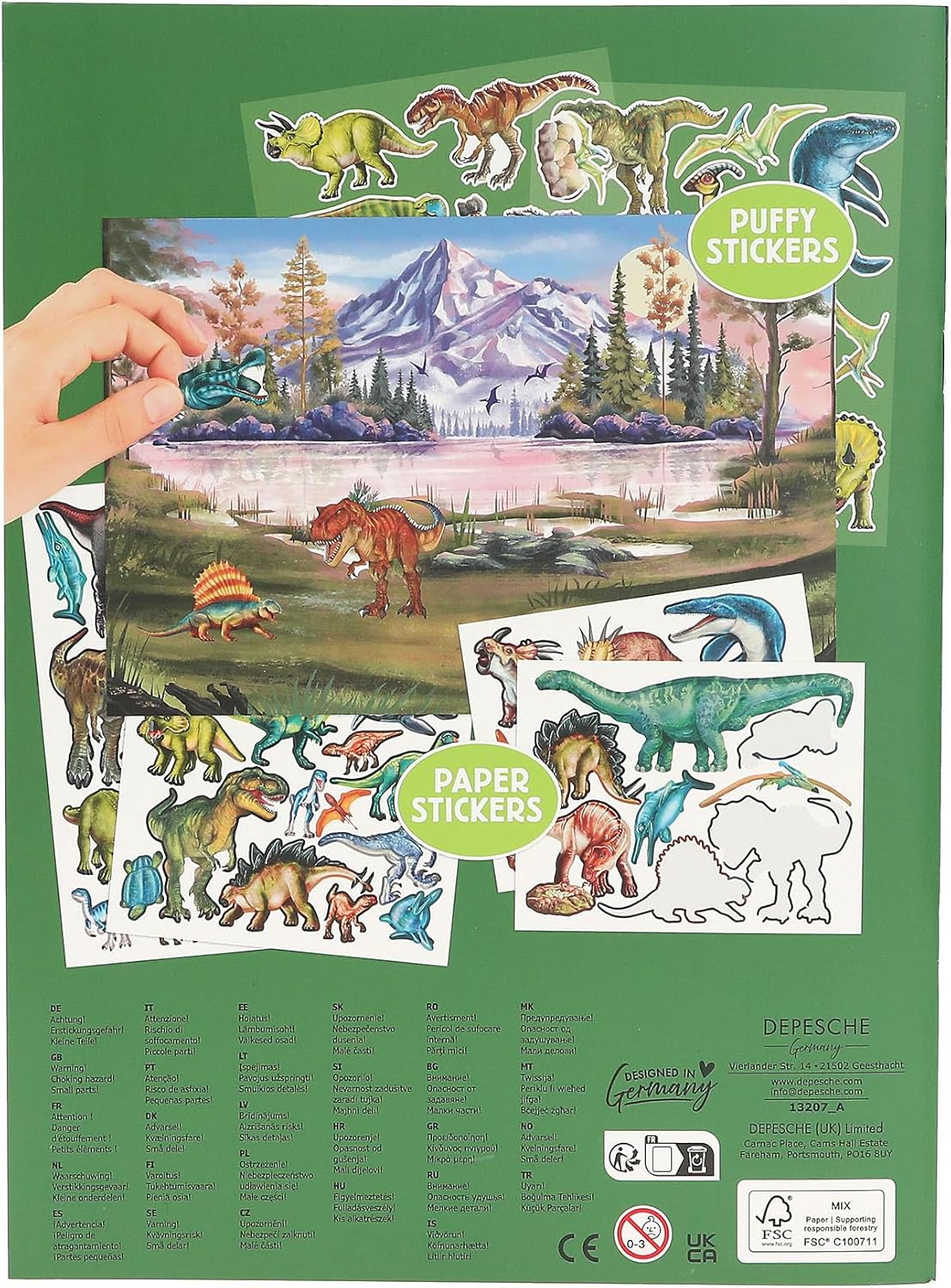 Depesche 13207 Dino World Sticker Book with 20 Illustrated Background Pages for Designing Dinosaur Motifs, Includes 6 Pages of Stickers with Paper and Puffy Stickers