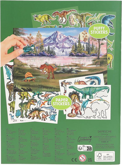 Depesche 13207 Dino World Sticker Book with 20 Illustrated Background Pages for Designing Dinosaur Motifs, Includes 6 Pages of Stickers with Paper and Puffy Stickers