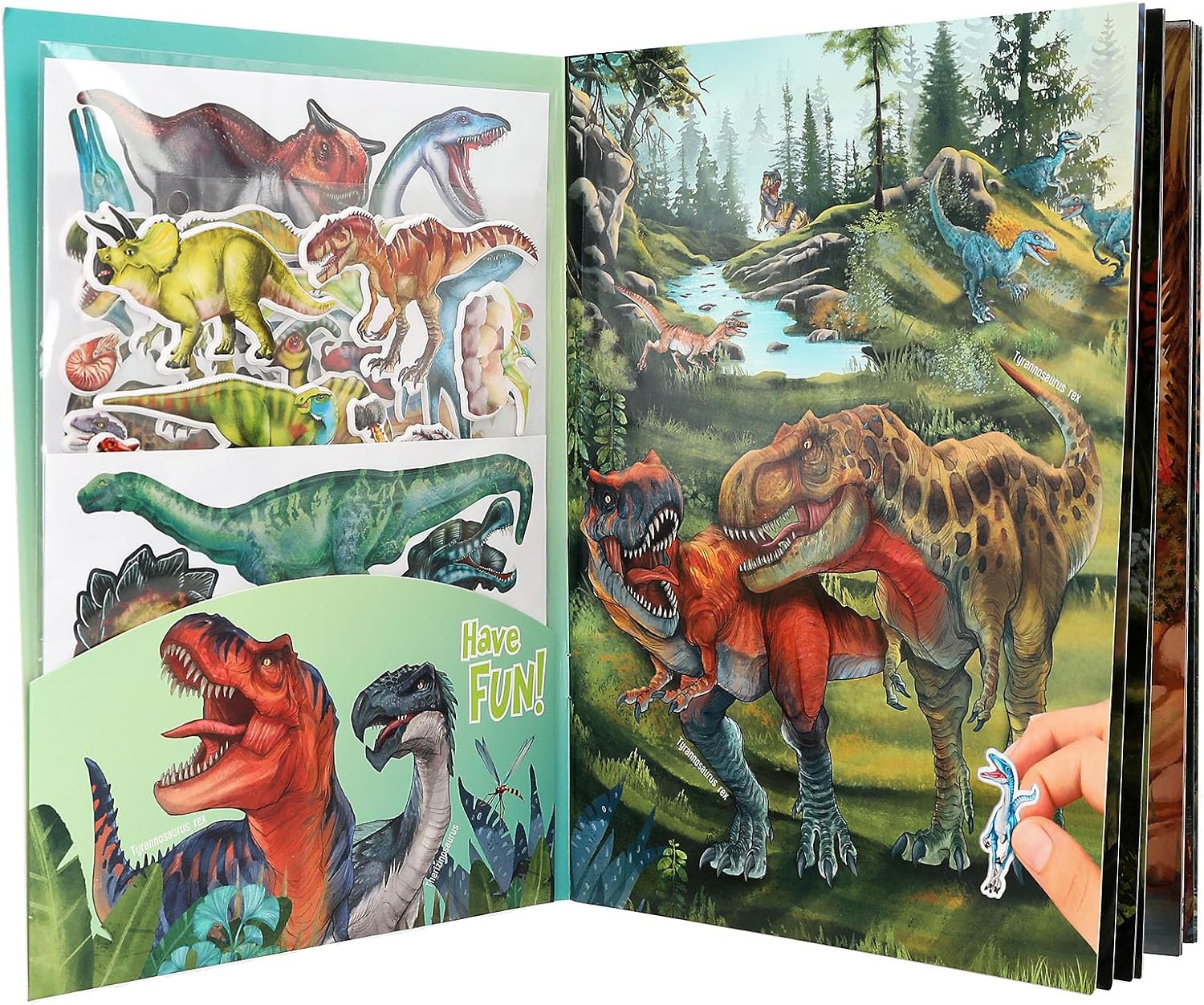 Depesche 13207 Dino World Sticker Book with 20 Illustrated Background Pages for Designing Dinosaur Motifs, Includes 6 Pages of Stickers with Paper and Puffy Stickers