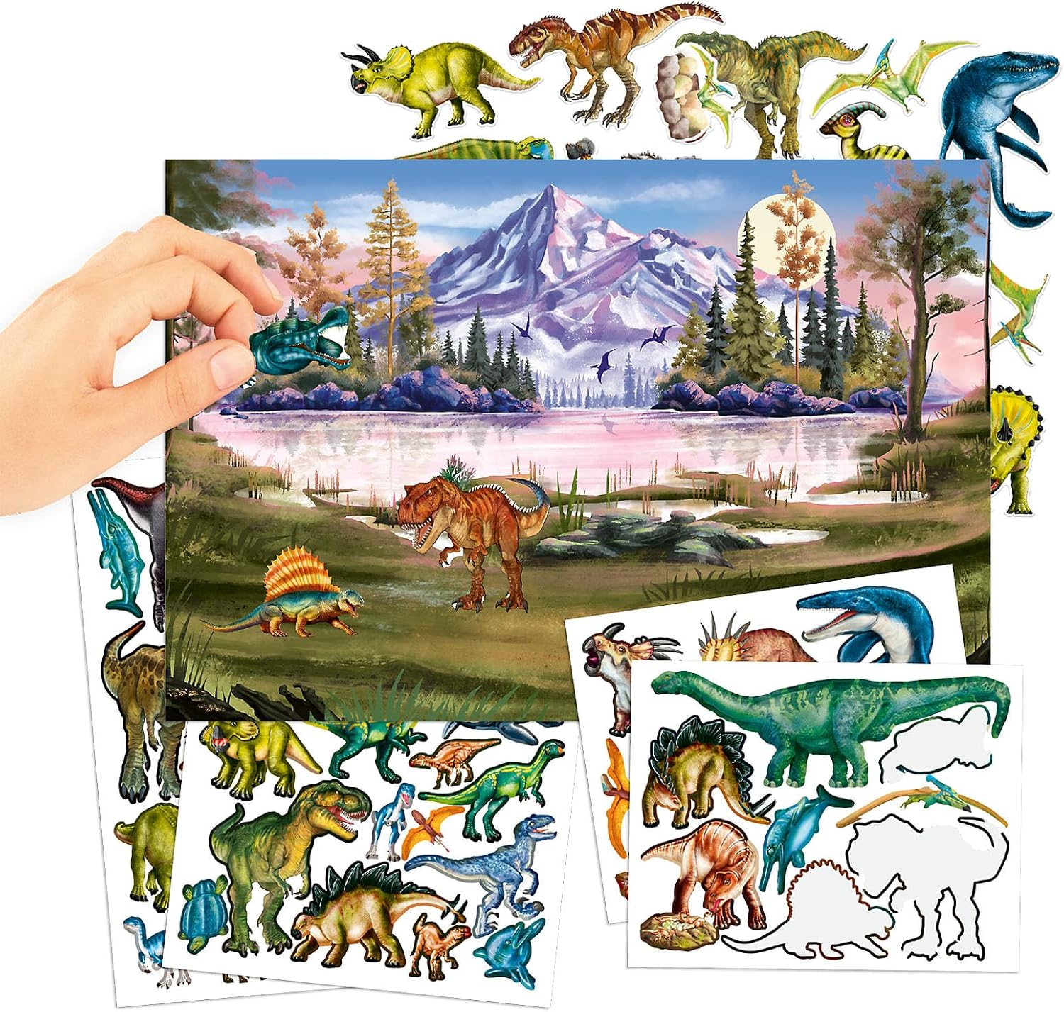 Depesche 13207 Dino World Sticker Book with 20 Illustrated Background Pages for Designing Dinosaur Motifs, Includes 6 Pages of Stickers with Paper and Puffy Stickers