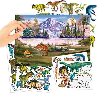 Depesche 13207 Dino World Sticker Book with 20 Illustrated Background Pages for Designing Dinosaur Motifs, Includes 6 Pages of Stickers with Paper and Puffy Stickers