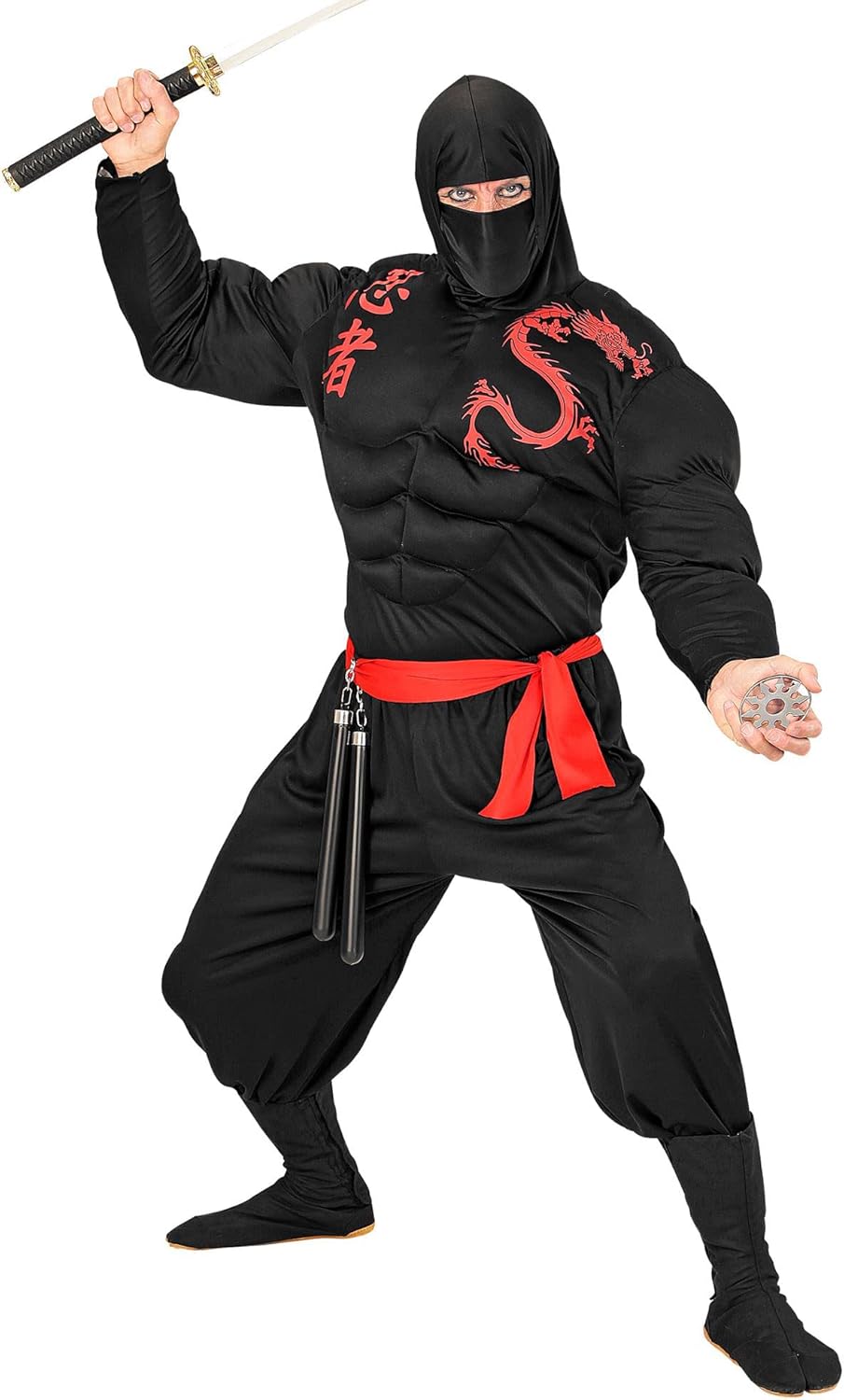 Widmann 00523 Adult Costume Muscle Muscular ninja, Ski Hat, Trousers and Belt ? Black