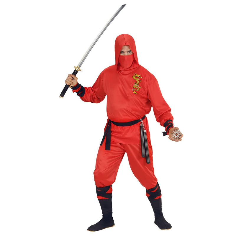 Widmann 01331 Adults Dragon Ninja Costume, Hooded Top, Trousers, Belt, Face Mask, Red
