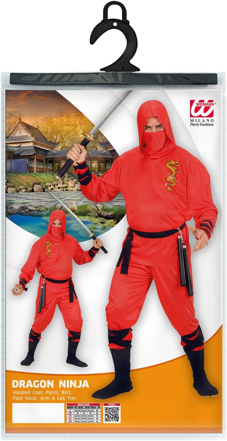 Widmann 01331 Adults Dragon Ninja Costume, Hooded Top, Trousers, Belt, Face Mask, Red