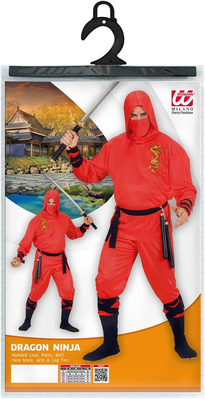 Widmann 01331 Adults Dragon Ninja Costume, Hooded Top, Trousers, Belt, Face Mask, Red