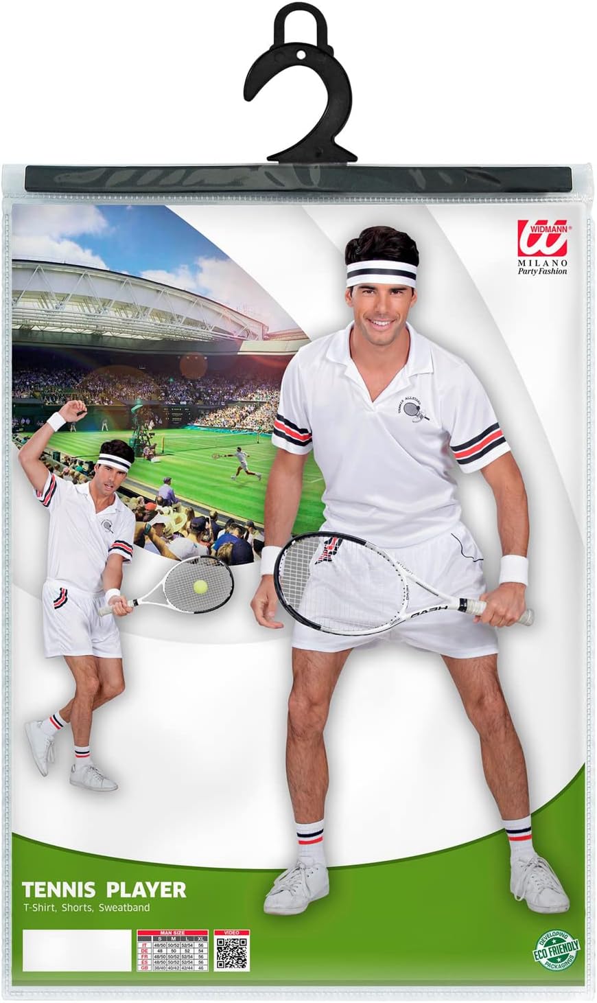 WIDMANN Adults Mens Tennis Player Costume. Includes t-shirt, shorts and sweatband. Wimbledon, Fancy Dress, Outfit, World Book Day, Halloween, Carnival XL Multicoloured