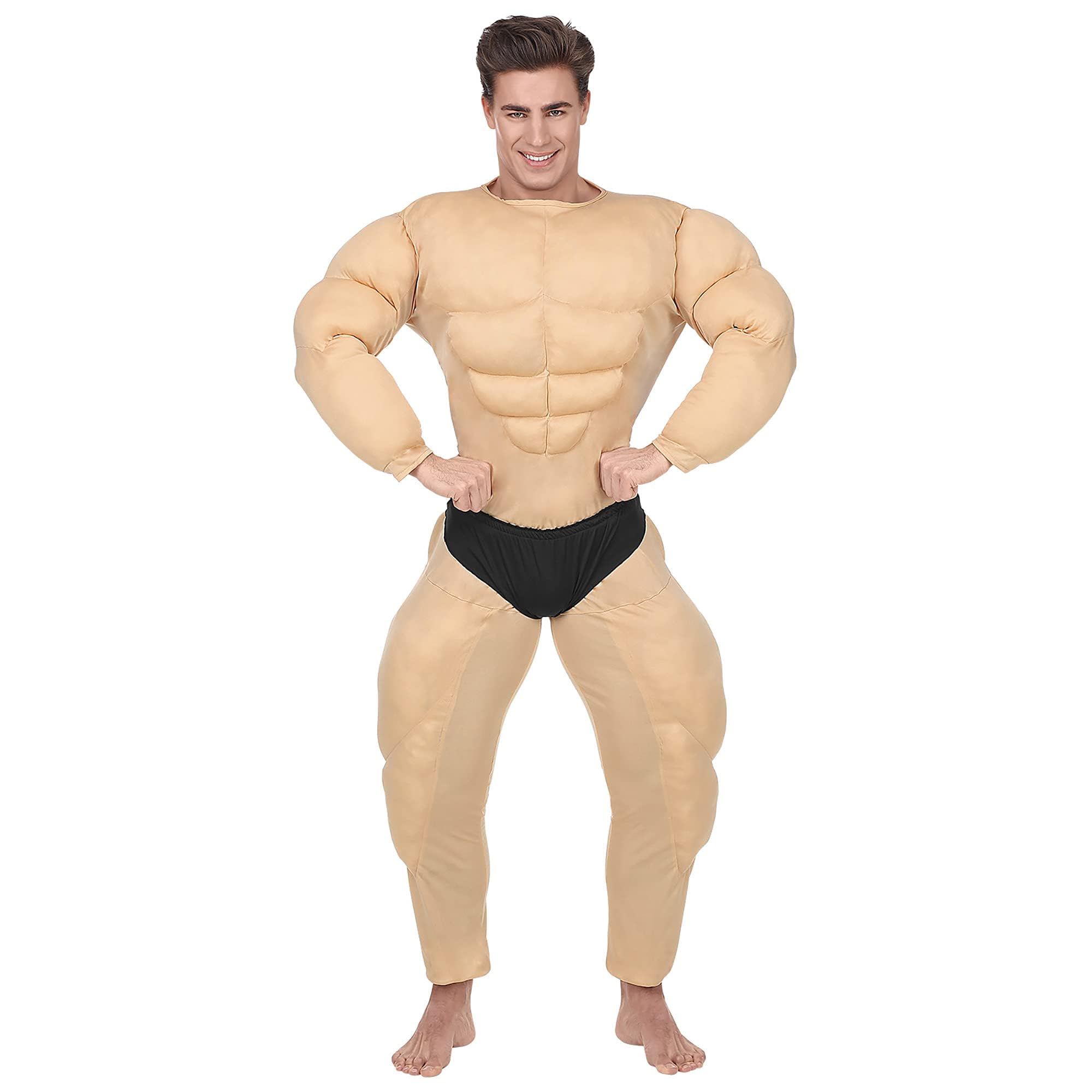 WIDMANN Bodybuilder Fancy Dress Mens Dress Up Comedy Outfit Halloween Muscle Suit Padded Chest Jumpsuit Stag Night Costume L Beige
