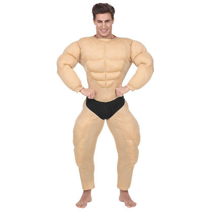 WIDMANN Bodybuilder Fancy Dress Mens Dress Up Comedy Outfit Halloween Muscle Suit Padded Chest Jumpsuit Stag Night Costume L Beige