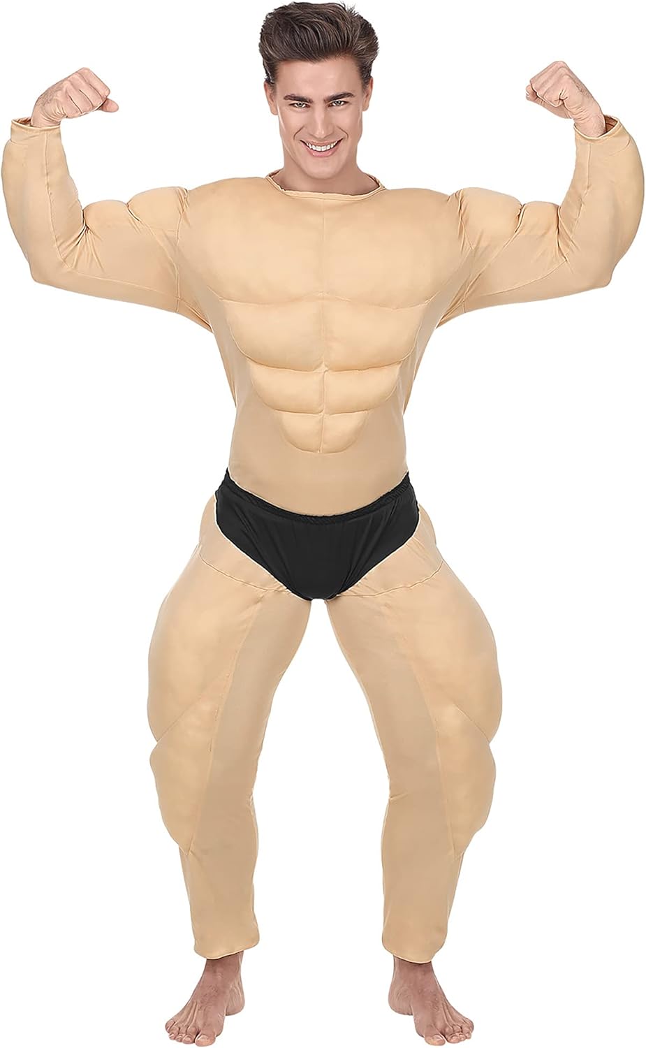 WIDMANN Bodybuilder Fancy Dress Mens Dress Up Comedy Outfit Halloween Muscle Suit Padded Chest Jumpsuit Stag Night Costume L Beige