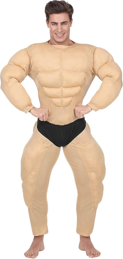 WIDMANN Bodybuilder Fancy Dress Mens Dress Up Comedy Outfit Halloween Muscle Suit Padded Chest Jumpsuit Stag Night Costume L Beige