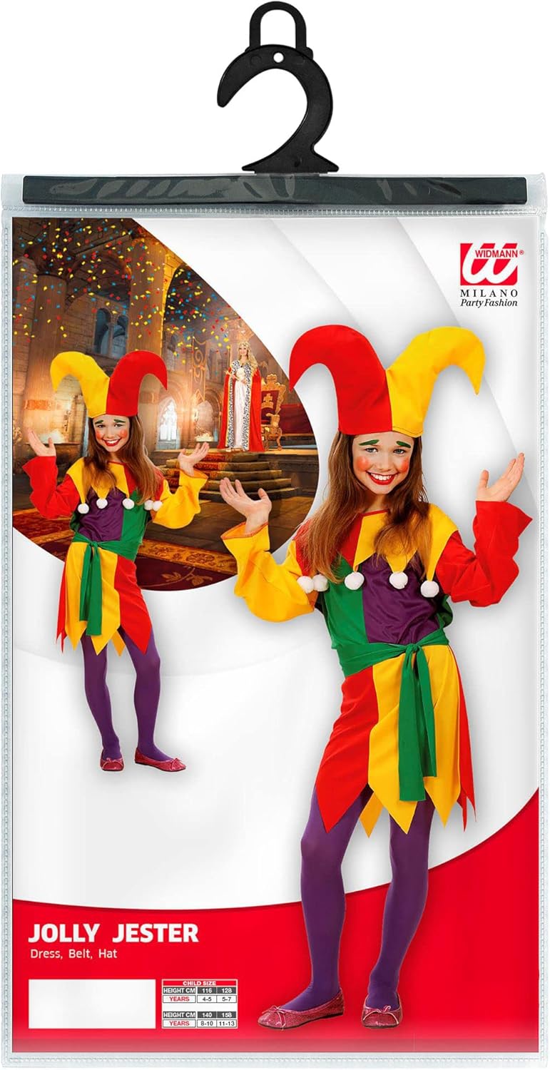 Widmann - Kinderkostüm Jolly Jester, Kleid, Gürtel, Hut, Clown, Zirkus, Karneval, Mottoparty 116