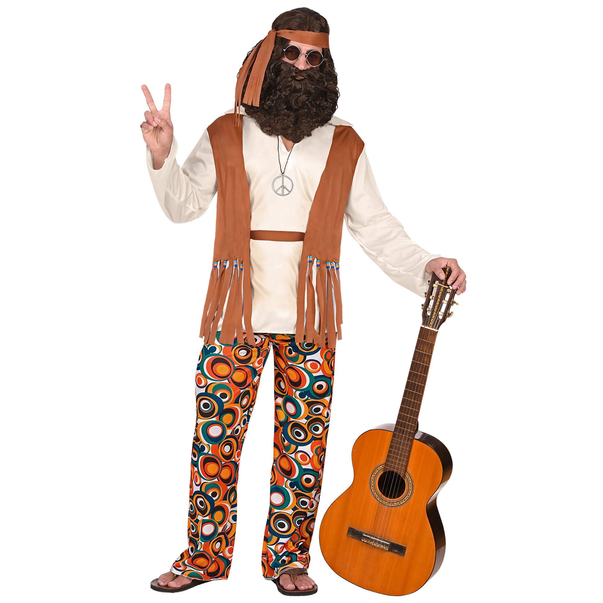 Widmann - Hip costume, top with vest, trousers, belt, headband, flower power, carnival, theme party XXL