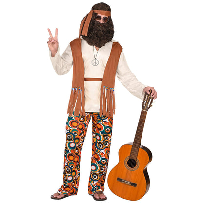 Widmann - Hip costume, top with vest, trousers, belt, headband, flower power, carnival, theme party XXL