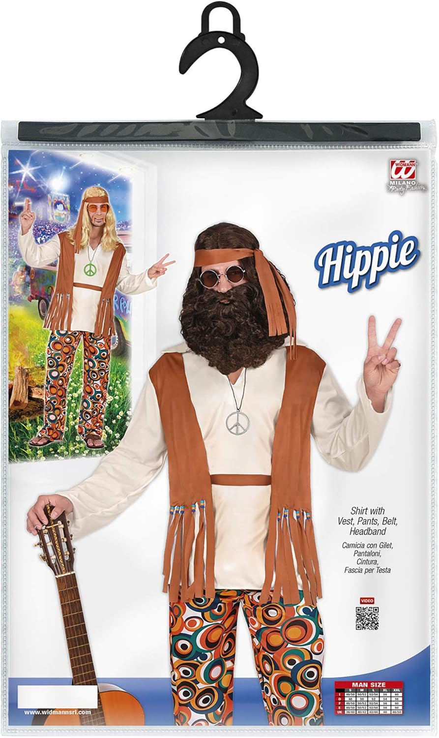 Widmann - Hip costume, top with vest, trousers, belt, headband, flower power, carnival, theme party XXL