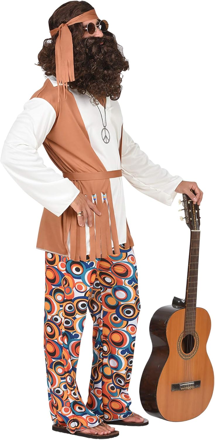 Widmann - Hip costume, top with vest, trousers, belt, headband, flower power, carnival, theme party XXL