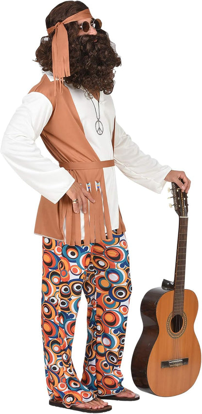 Widmann - Hip costume, top with vest, trousers, belt, headband, flower power, carnival, theme party XXL