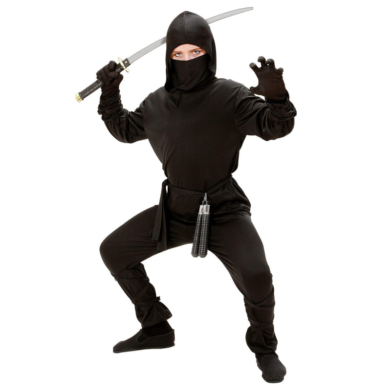 Widmann 02648 Child’s Black Ninja Costume including hood. World Book Day, Halloween and Carnival. Age 14-16
