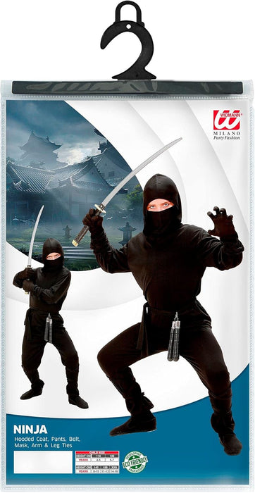 Widmann 02648 Child’s Black Ninja Costume including hood. World Book Day, Halloween and Carnival. Age 5-7