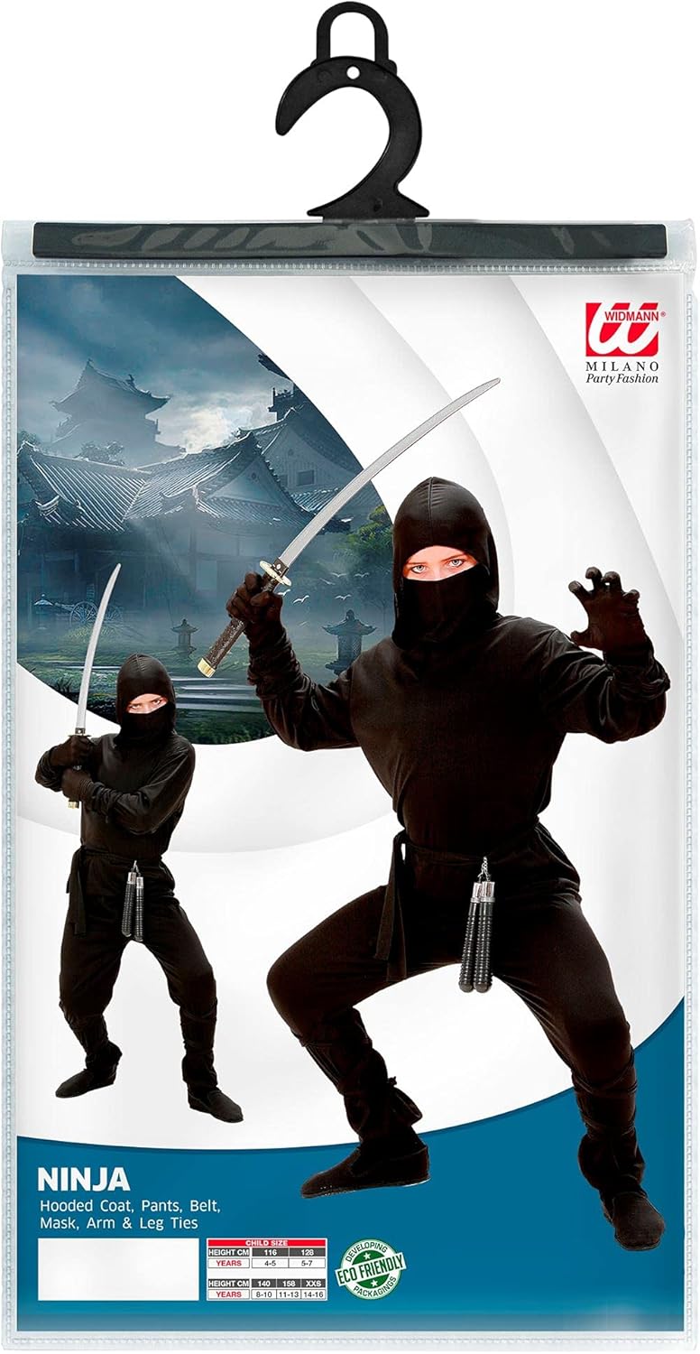 Widmann 02648 Child’s Black Ninja Costume including hood. World Book Day, Halloween and Carnival. Age 8-10