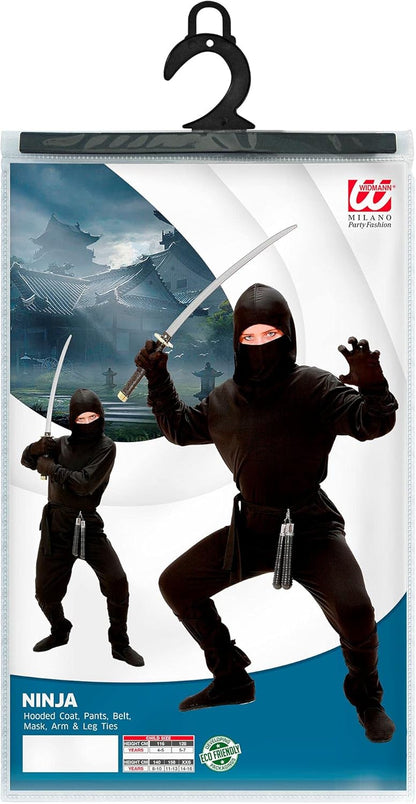 Widmann 02648 Child’s Black Ninja Costume including hood. World Book Day, Halloween and Carnival. Age 8-10