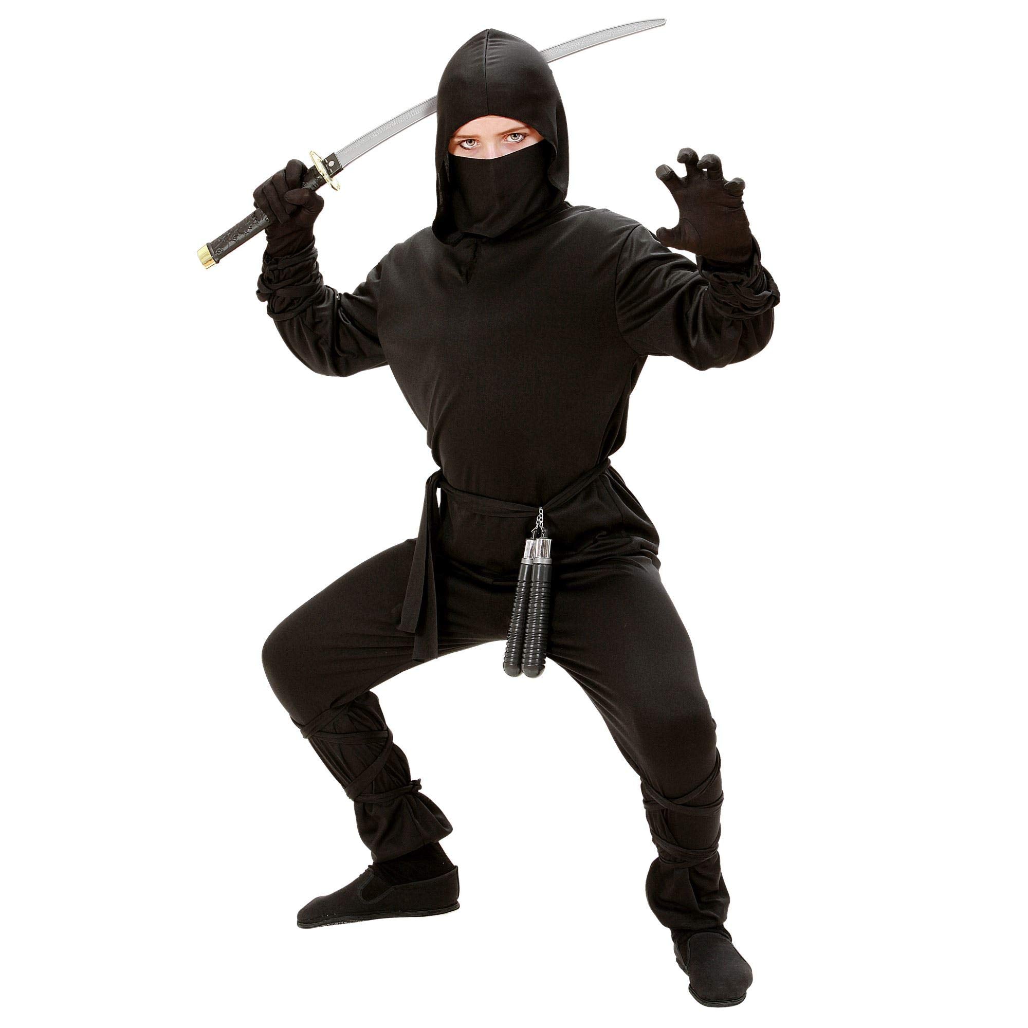 Widmann 02648 Child’s Black Ninja Costume including hood. World Book Day, Halloween and Carnival. Age 8-10