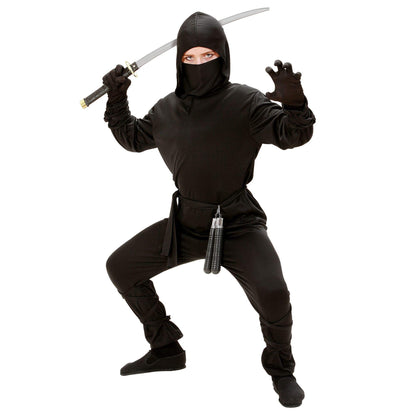 Widmann 02648 Child’s Black Ninja Costume including hood. World Book Day, Halloween and Carnival. Age 8-10