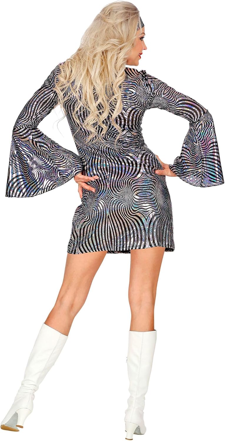 WIDMANN Adult Ladies Silver 70s Disco Style Costume Dress. Includes Dress & Headband. Fancy Dress, Outfit, World Book Day, Halloween, Carnival