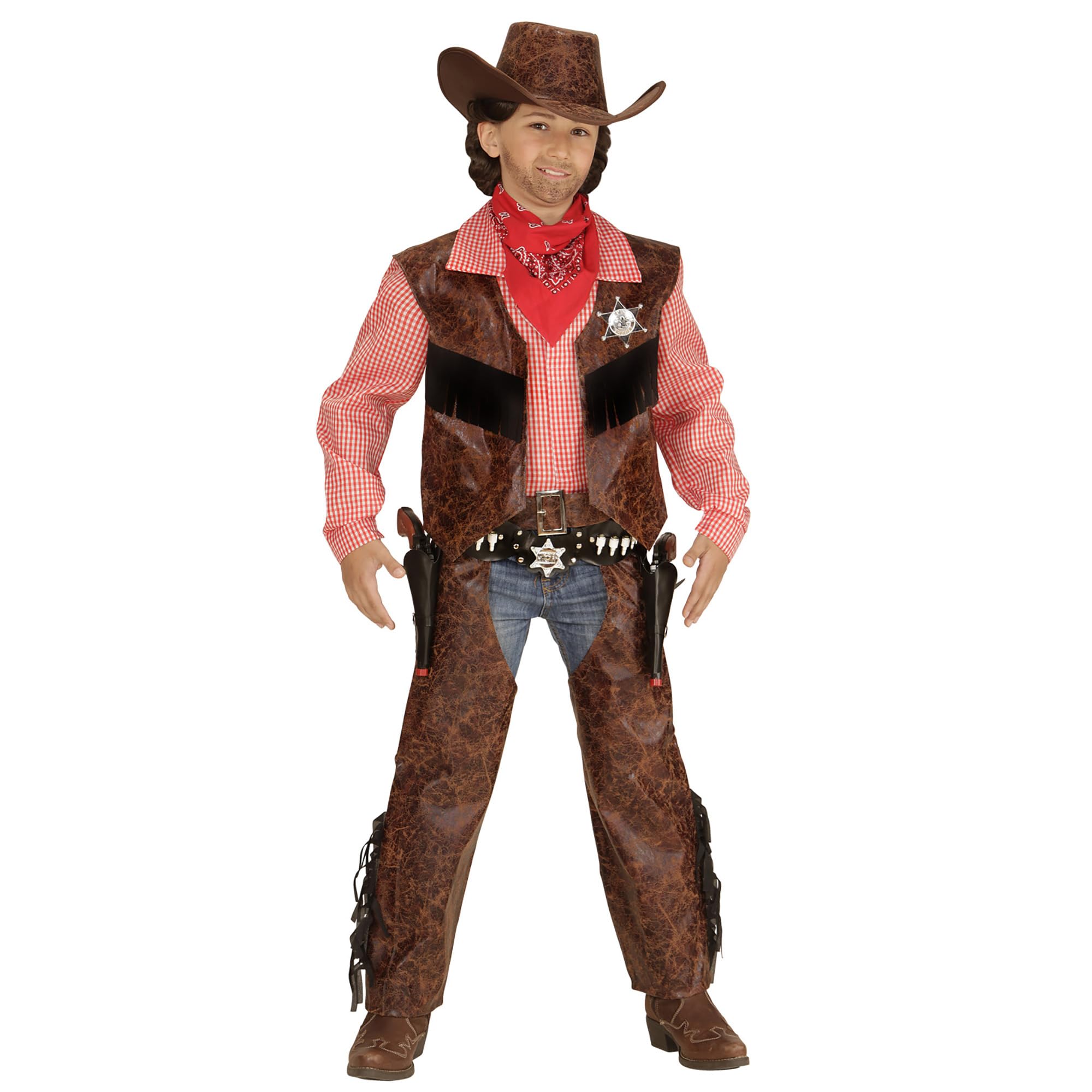 Widmann - Children's cowboy costume, shirt with vest, chaps, hat, wild west, theme party, carnival 158