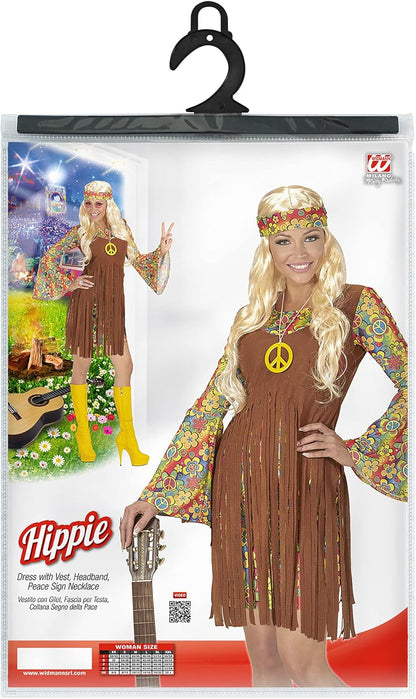 Widmann - Hippie girl costume, dress with vest, headband, chain with peace sign, flower power, costume, carnival, theme party 3XL