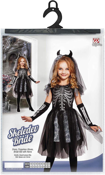 Widmann - Kids Skeleton Bride Dress Fingerless Gloves Bridal Veil with Horns Theme Party Carnival Halloween 140