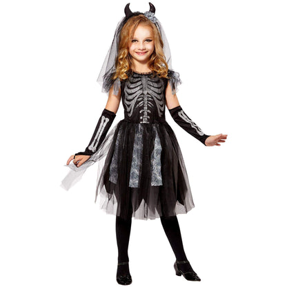 Widmann - Kids Skeleton Bride Dress Fingerless Gloves Bridal Veil with Horns Theme Party Carnival Halloween 140