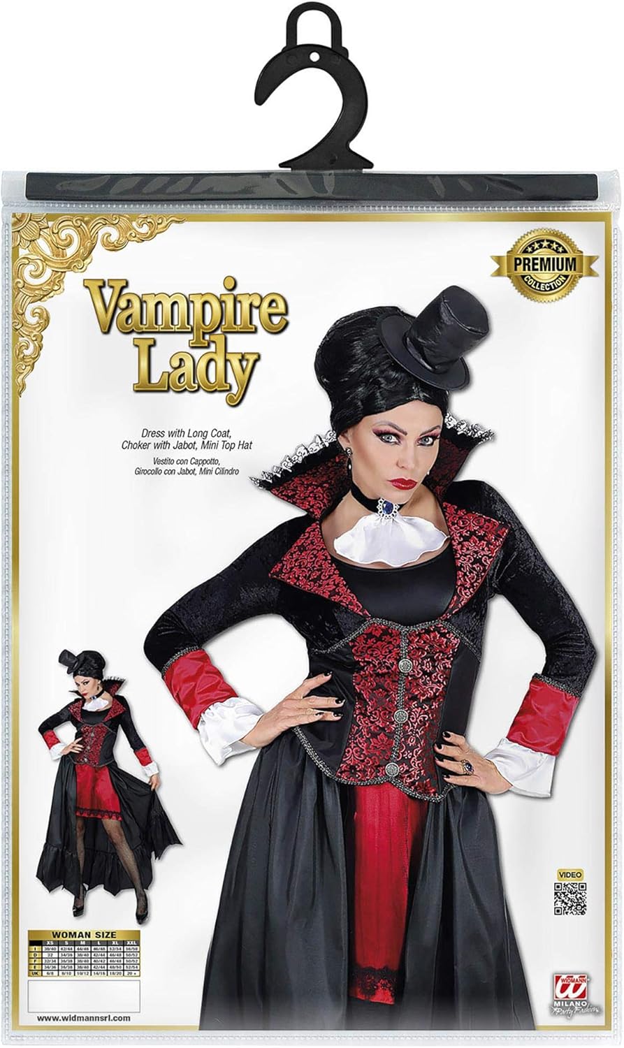 Widmann - Kostüm Vampir Lady, Mantel, Halsband mit Jabot, Mini Hut, Blutsauger, Horror, Halloween, Mottoparty, Karneval