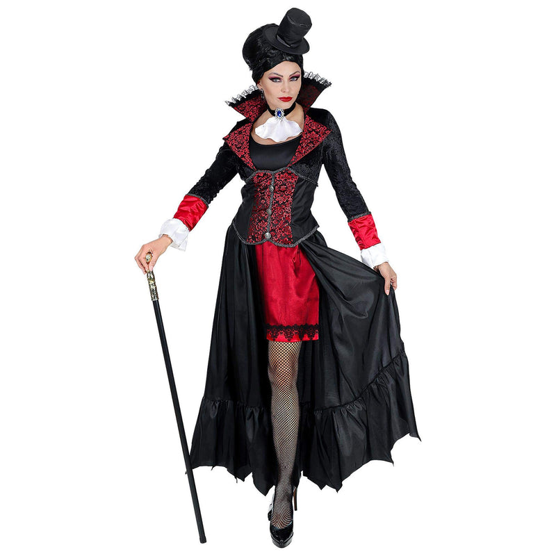 Widmann - Kostüm Vampir Lady, Mantel, Halsband mit Jabot, Mini Hut, Blutsauger, Horror, Halloween, Mottoparty, Karneval