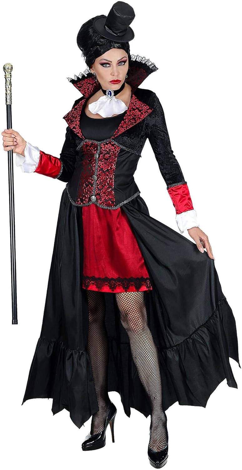 Widmann - Kostüm Vampir Lady, Mantel, Halsband mit Jabot, Mini Hut, Blutsauger, Horror, Halloween, Mottoparty, Karneval