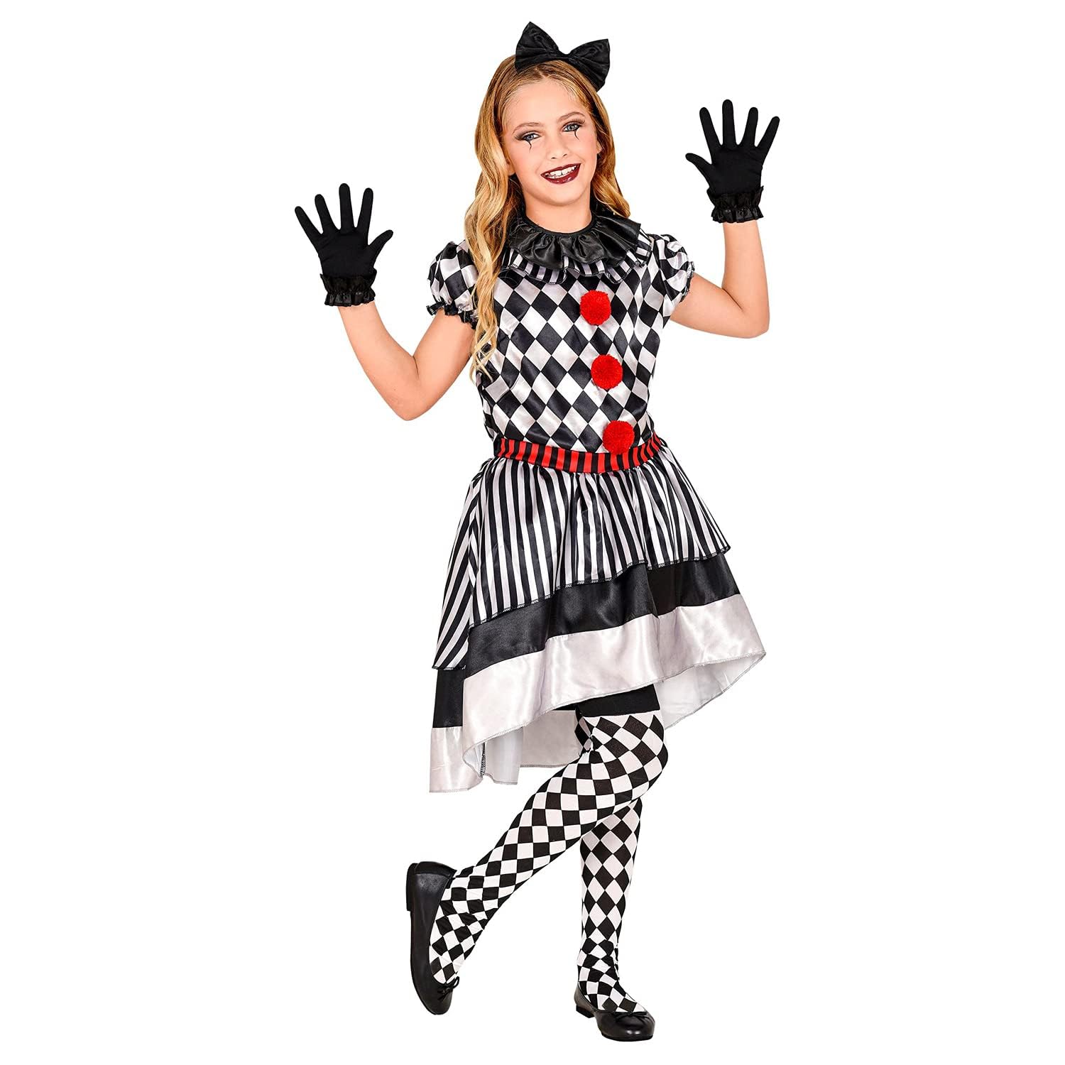 Widmann Children's Retro Clown Costume Dress with Clown Collar, Bow, Gloves, Theme Party, Carnival, Halloween 158