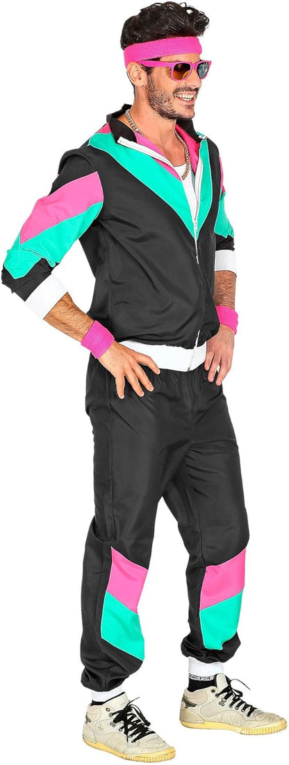 WIDMANN - Adult Costume 80s Tracksuit XXL Schwarz/Türkis/Rosa