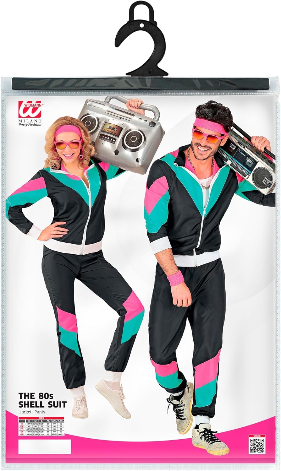 WIDMANN - Adult Costume 80s Tracksuit M Schwarz/Türkis/Rosa