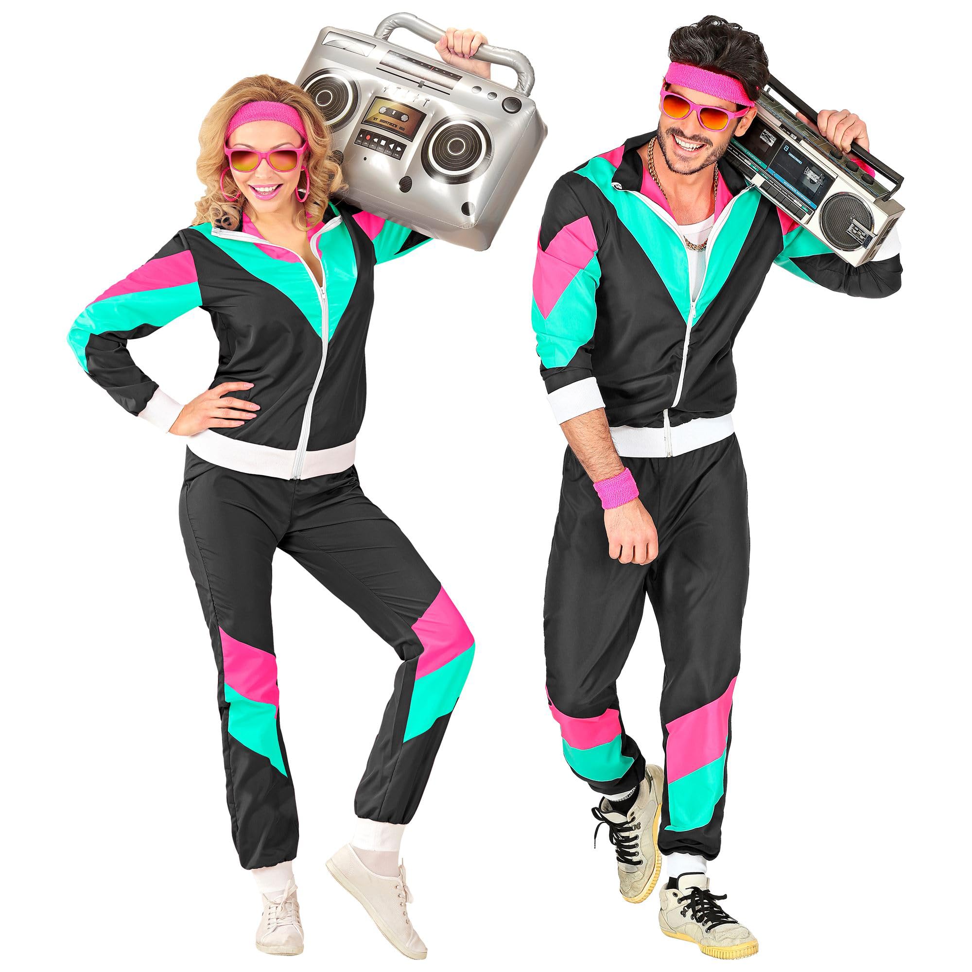 WIDMANN - Adult Costume 80s Tracksuit L Schwarz/Türkis/Rosa