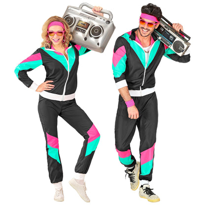 WIDMANN - Adult Costume 80s Tracksuit L Schwarz/Türkis/Rosa