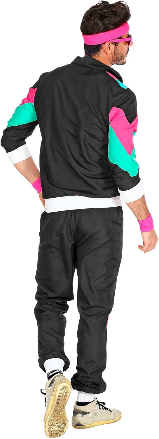 WIDMANN - Adult Costume 80s Tracksuit L Schwarz/Türkis/Rosa