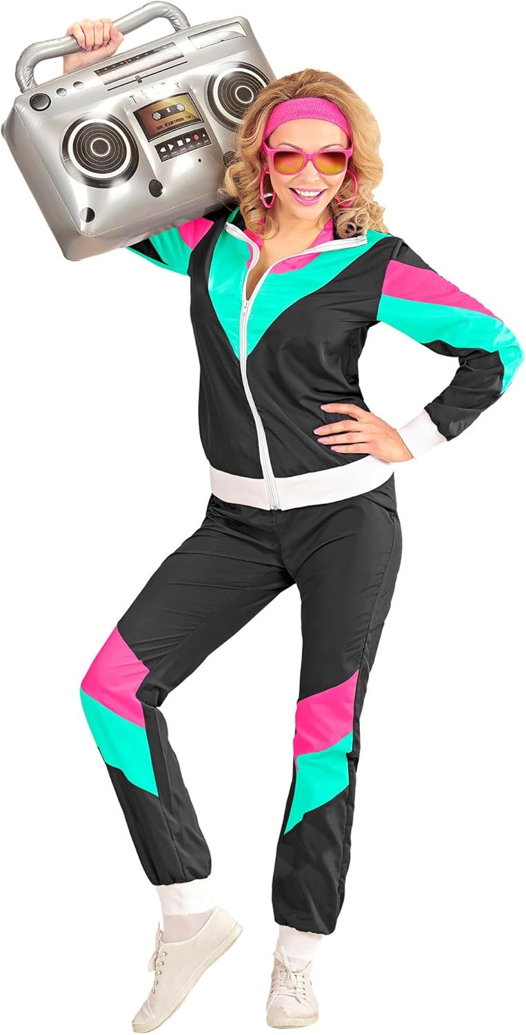 WIDMANN - Adult Costume 80s Tracksuit L Schwarz/Türkis/Rosa