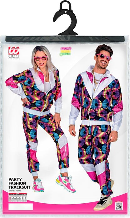 WIDMANN Unisex Adults 80s Disco Shell Suit. Includes Jacket and Trousers. Perfect for any themed birthday party! Neon Pink, Blue and White. XXL
