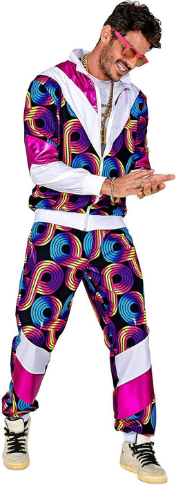 WIDMANN Unisex Adults 80s Disco Shell Suit. Includes Jacket and Trousers. Perfect for any themed birthday party! Neon Pink, Blue and White. XXL