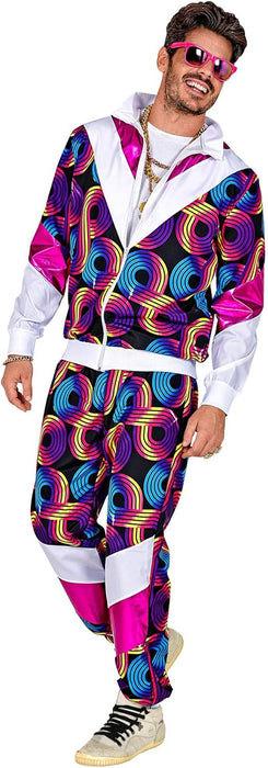 WIDMANN Unisex Adults 80s Disco Shell Suit. Includes Jacket and Trousers. Perfect for any themed birthday party! Neon Pink, Blue and White. XXL