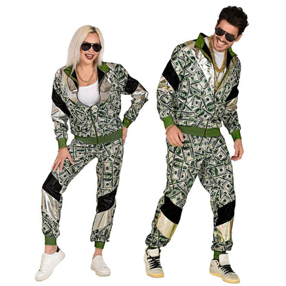 Widmann - 80s dollar tracksuit, glows under UV light, jacket and trousers, banknotes, jogging suit, retro style, bath taste party, carnival