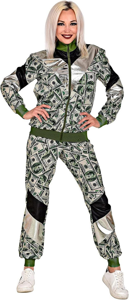 Widmann - 80s dollar tracksuit, glows under UV light, jacket and trousers, banknotes, jogging suit, retro style, bath taste party, carnival