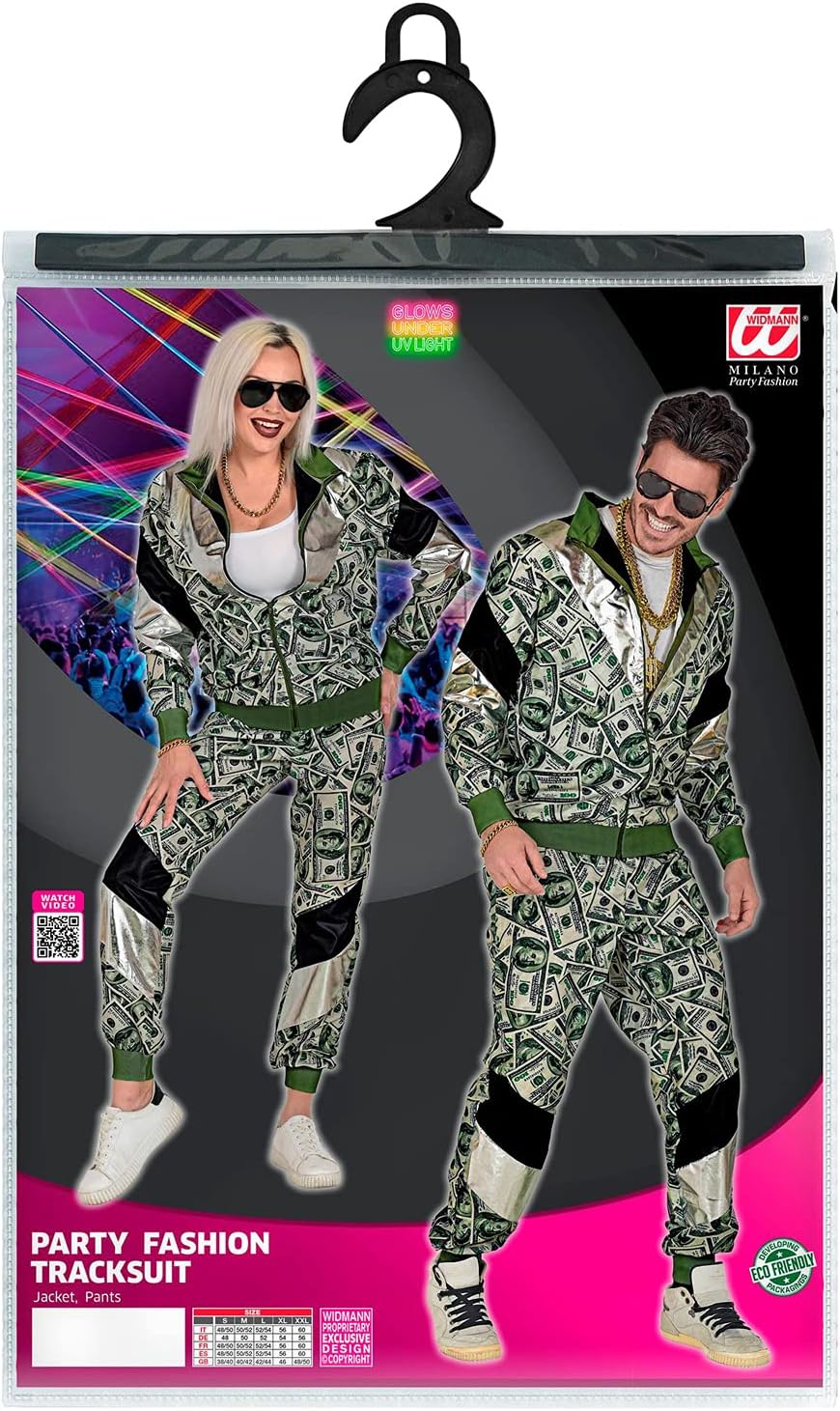 Widmann - 80s dollar tracksuit, glows under UV light, jacket and trousers, banknotes, jogging suit, retro style, bath taste party, carnival