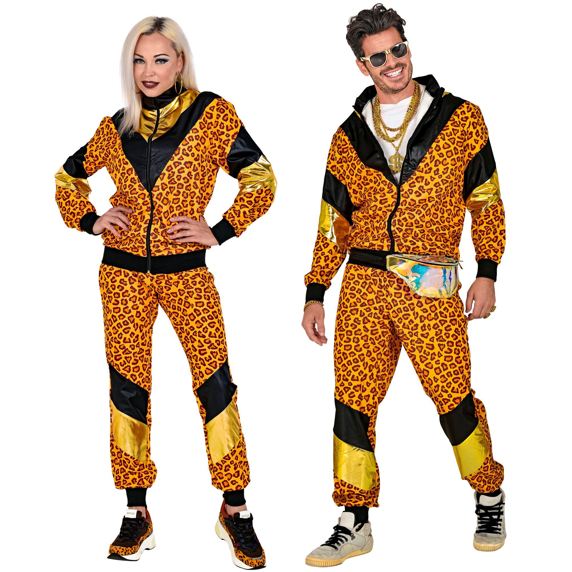 Widmann W MILANO Party Fashion - Costume tuta 80s leopardato, tuta da jogging, stile retrò, outfit cattivo gusto