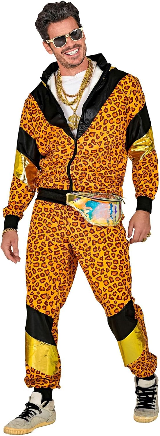 Widmann W MILANO Party Fashion - Costume tuta 80s leopardato, tuta da jogging, stile retrò, outfit cattivo gusto