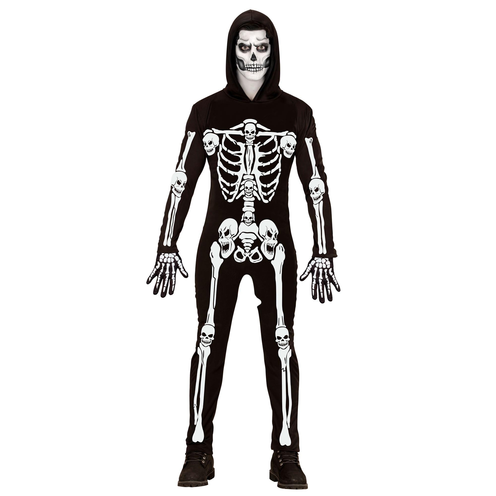 Widmann - Skeleton Costume Jumpsuit with Hood White Glow Under UV Light Halloween Fancy Dress